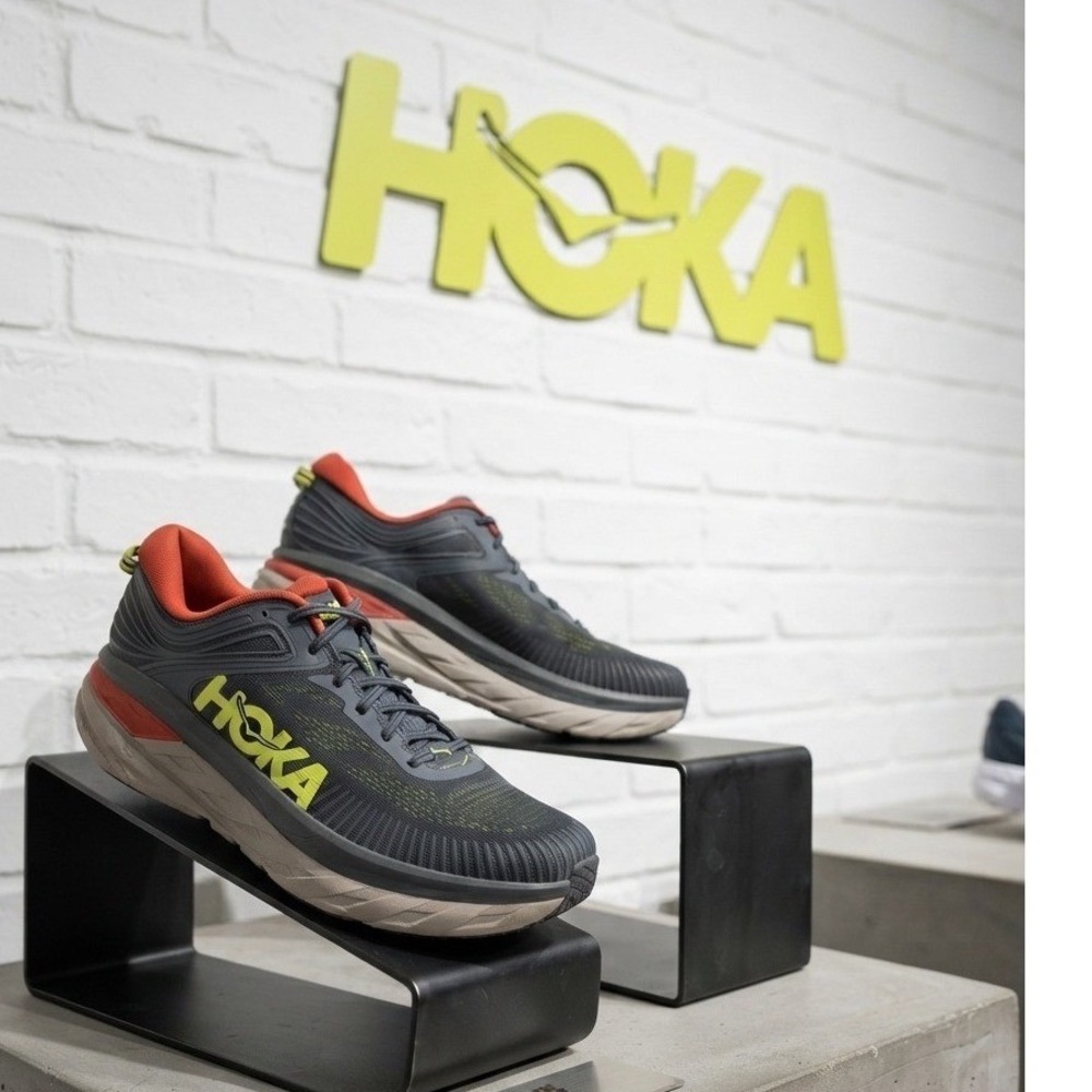 Hoka One One Bondi 7 Mens Running Shoes Grey Orange Yellow Athletic Sneakers
